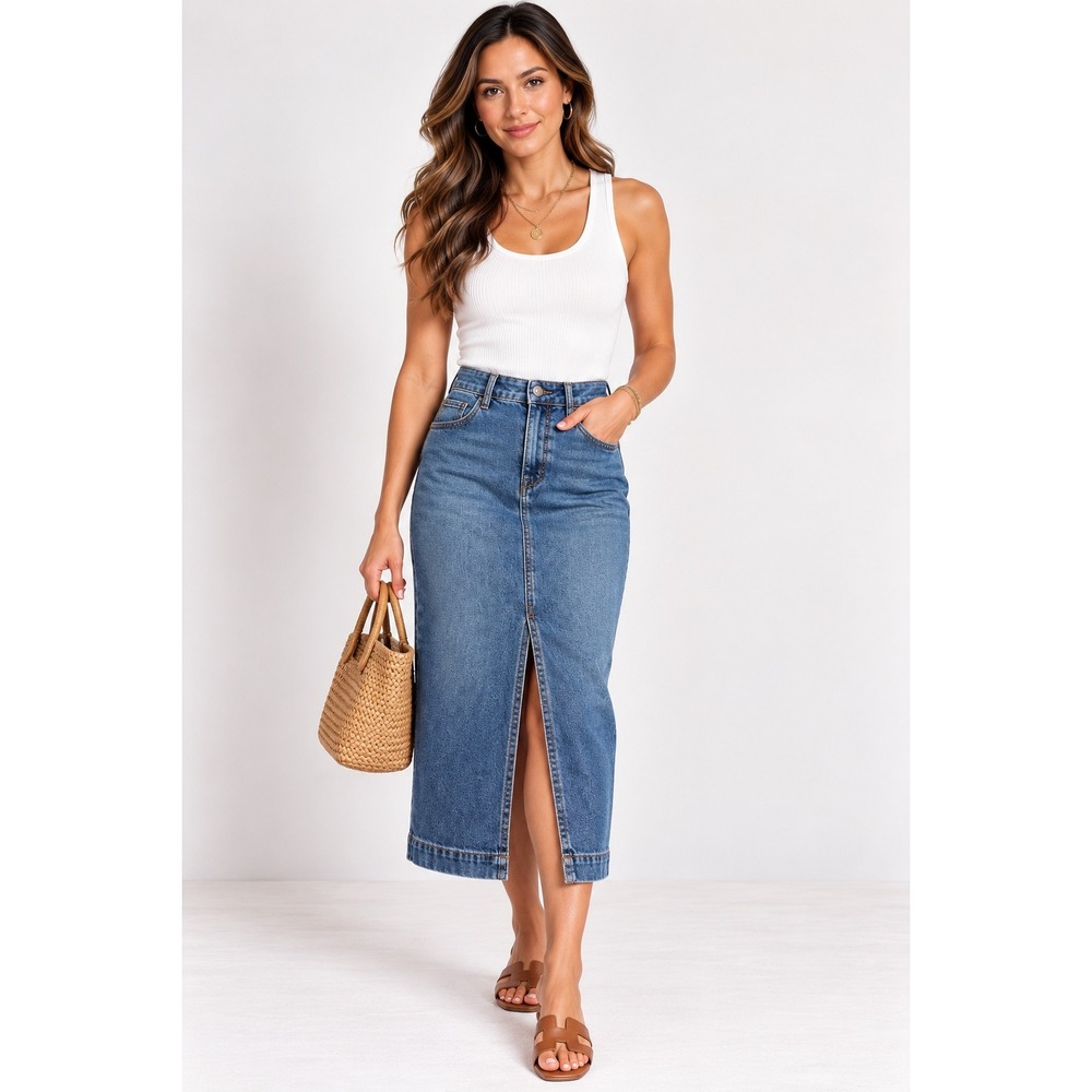 Hunter McGrady x Edited Denim Midi Skirt Size 10 Front Slit Medium Wash